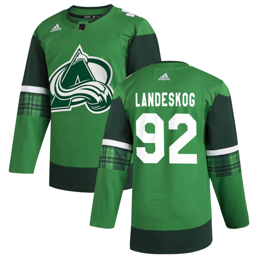 Colorado Avalanche #92 Gabriel Landeskog Men's Adidas 2020 St. Patrick's Day Stitched NHL Jersey Green.jpg.jpg